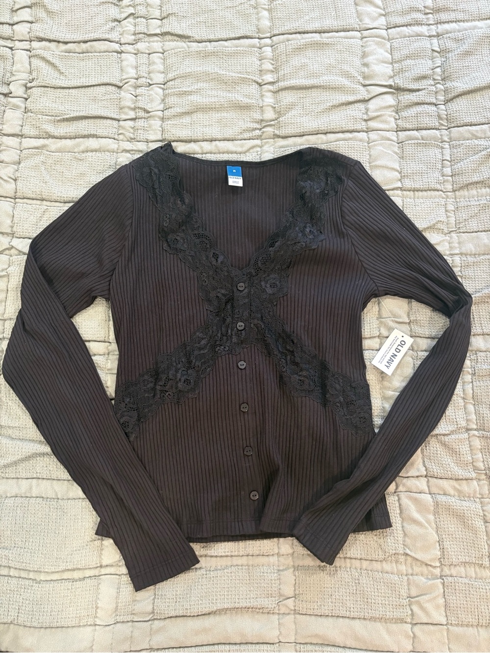 Old Navy Black Ribbed Lace-Trim Button Down Top
